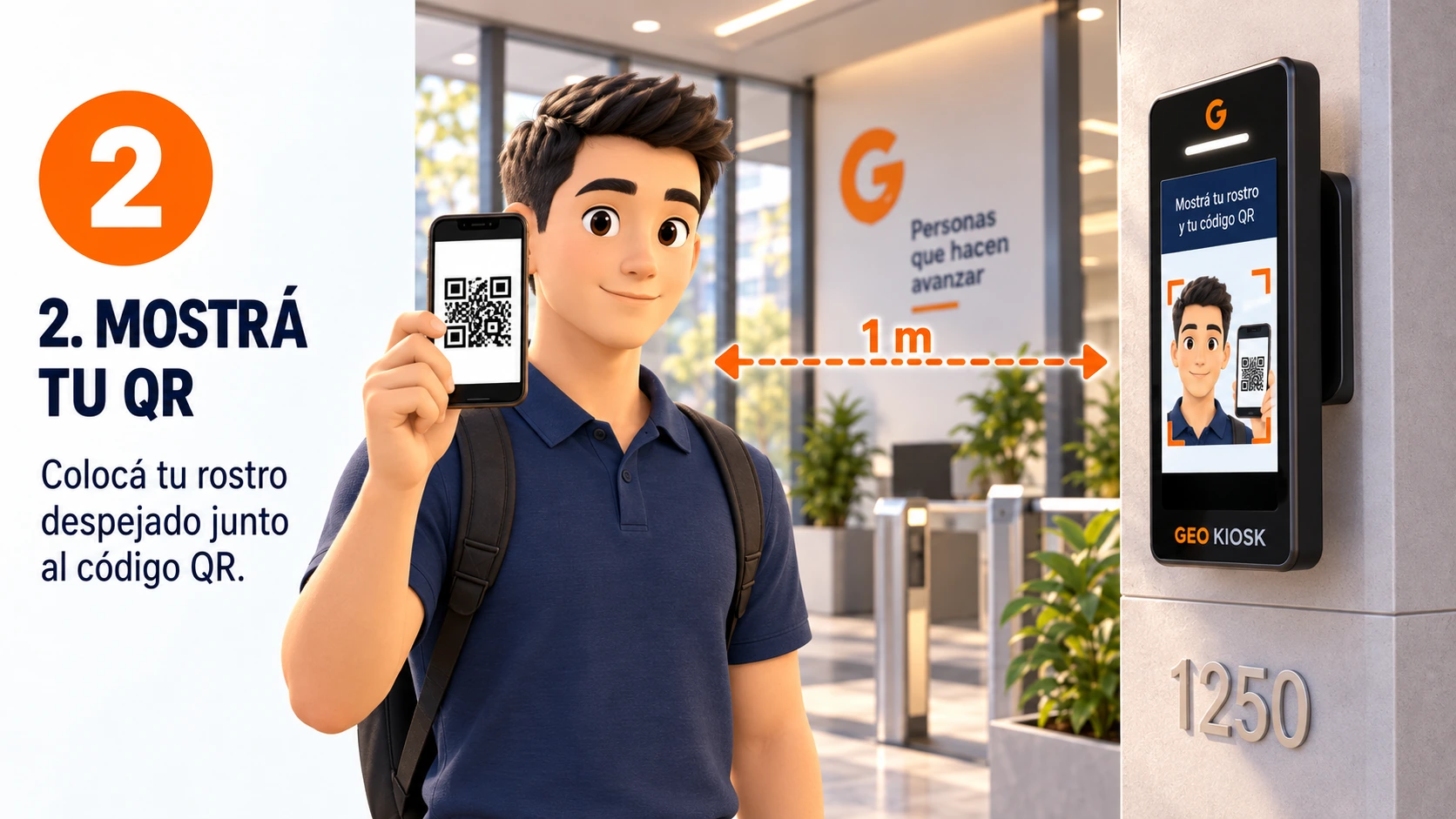 Operario mostrando QR junto al rostro frente al GEO Kiosk